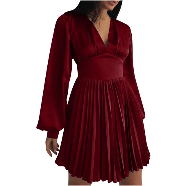 Birdeem Robe Aguichant pour Femmes Col en V Dos Fermeture Éclair Manches Trompette Plissée Satin Taille Haute