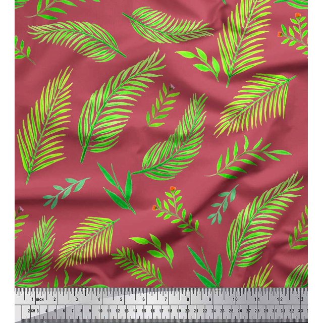 Soimoi Brown Modal Satin Fabric Palm Leaves Printed Fabric 1 Yard 42 Inch Wide