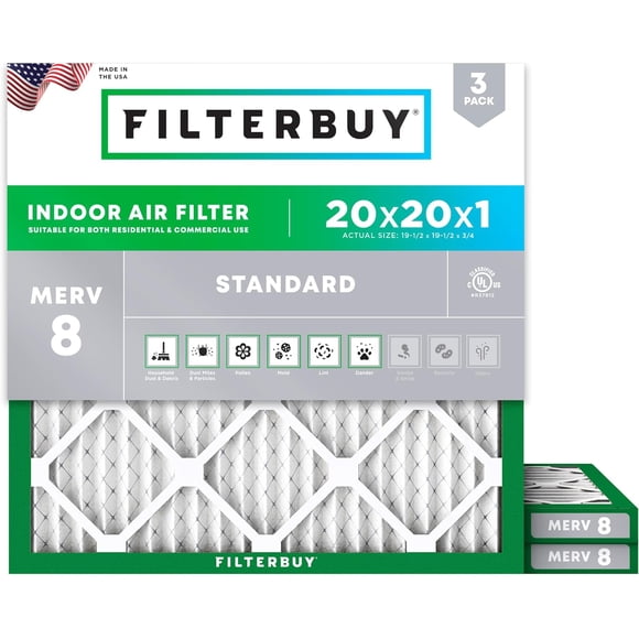 Filterbuy 20x20x1 Air Filter MERV 8 Dust Defense, HVAC AC Furnace Air Filters Replacement (3-Pack)
