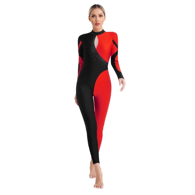 Oyolan Justaucorps de Gymnastique pour Femmes, Strass, Combinaison Intégrale, Costume de Danse Ballet une Pièce, Rouge, P
