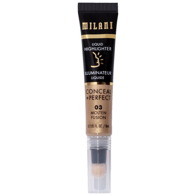 Milani Conceal + Perfect Face Lift Highlighter Pen in shade 03 Molten Fusion, a black and gold liquid highlighter tube with a clear cap and cushion applicator, designed for a buildable, soft-focus candlelit glow with finely milled pearls.