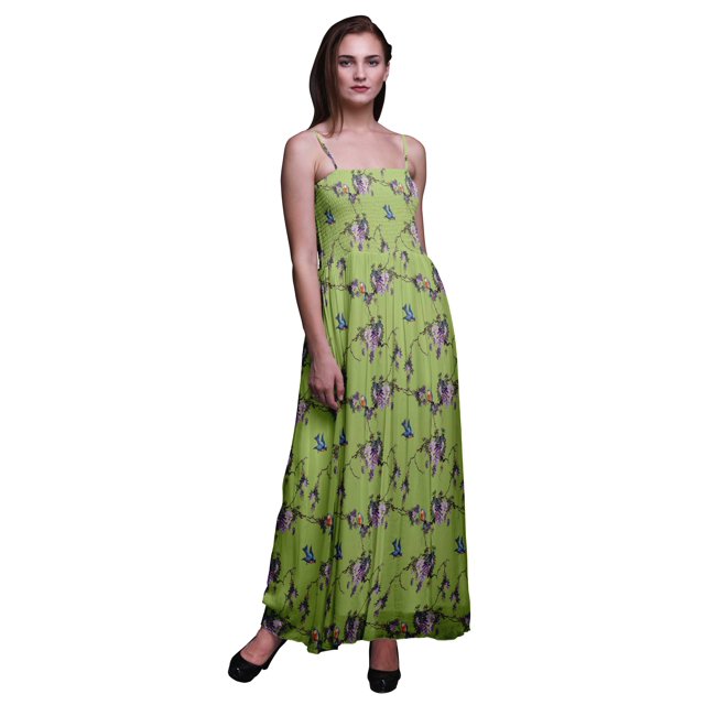 Bimba Robe à Bretelles Smockée en Georgette Imprimée Ceanothus & Flowerpecker Bird pour Femmes - Moyen