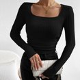 thumbnail image 3 of AherBiu Crop Tops for Women Ribbed Flare Long Sleeve Square Neck Slim Tight Basic Spring Shirt Blouse, 3 of 7