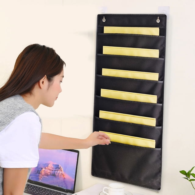 BUTASY Hanging Wall File Organizer, 6 Pocket Over the Door File Folders with 2 Hooks, Fabric Storage Pocket for Papers, Charts, Mails, Magazine, Office Supplies(Black)