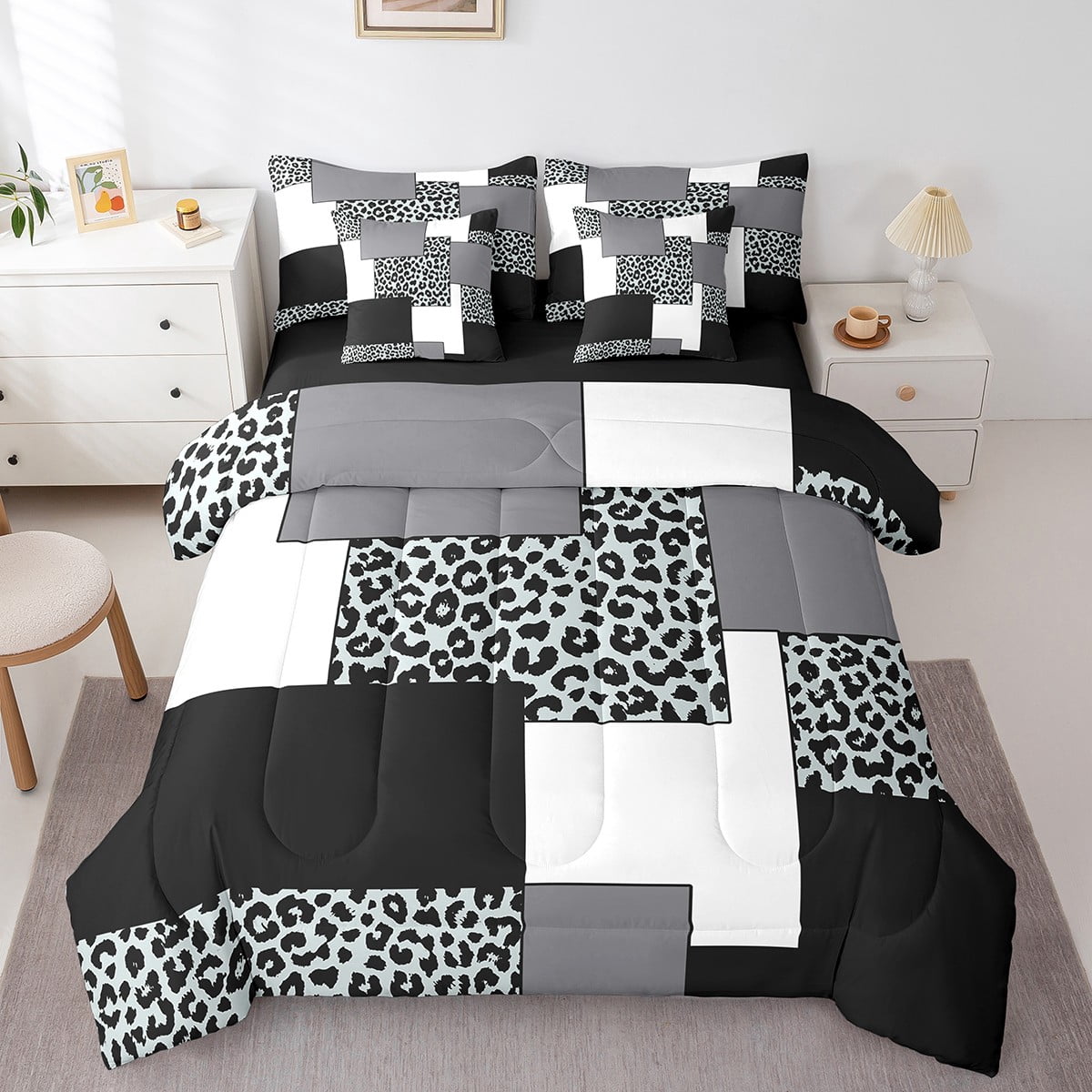 YST Ensembles de Literie Style Ferme Moderne, Ensemble de Couette 7 Pcs Noir Gris à Rayures Format Double, Ensemble de Lit Géométrique Tout-en-un, Ensembles de Lit Réversibles Motif Léopard avec Ensemble de Draps en Microfibre