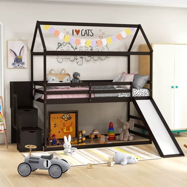 Gymax Lit Mezzanine avec Glissade et Escalier de Rangement Simple sur Simple Lit Superposé en Forme de Maison Espresso