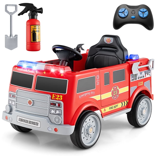 Gymax Kids Ride on Fire Truck 12V Battery Powered Electric Vehicle with 3 speeds, featuring a bright red design with fire department decals, sirens, and flashing LED lights. The ride-on includes a steering wheel, adjustable safety belt, anti-skid wheels, and a storage compartment. Accessories like a fire extinguisher, shovel, and remote control enhance the experience. Designed for children aged 3-8 years, it offers dual control modes, built-in music, FM radio, USB port, and wireless connectivity. Dimensions are 37'' x 23'' x 23''.