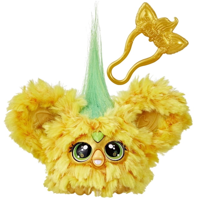 Furby Furblets Hoo-Lah Mini Jouet en Peluche Électronique avec Fourrure Duveteuse Jaune et Touffe Verte Ressemblant à un Ananas, Grands Yeux Verts avec Icônes d'Ananas, Petit Bec, et Pince Porte-Clés en Forme de Furby Dorée, Convient aux Enfants de 6 Ans et Plus et Idéal pour Se Coupler aux Sacs à Dos Ou aux Sacs de Voyage.