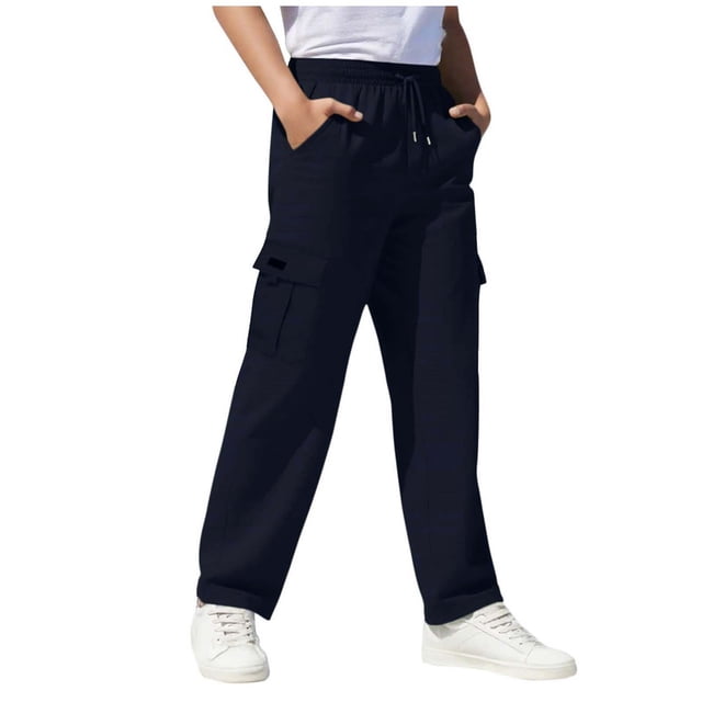 Children's Solid Color Stretch-Belt Work Pants with Pockets, Medium Size Casual Baggy Pants, Adult Version