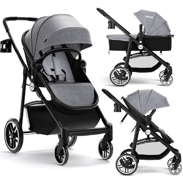 INFANS 2 in 1 Baby Stroller, High Landscape Infant Stroller and Reversible Bassinet Pram, Foldable Pushchair with Adjustable Canopy, Cup Holder, Storage Basket, Suspension Wheels (Gray)