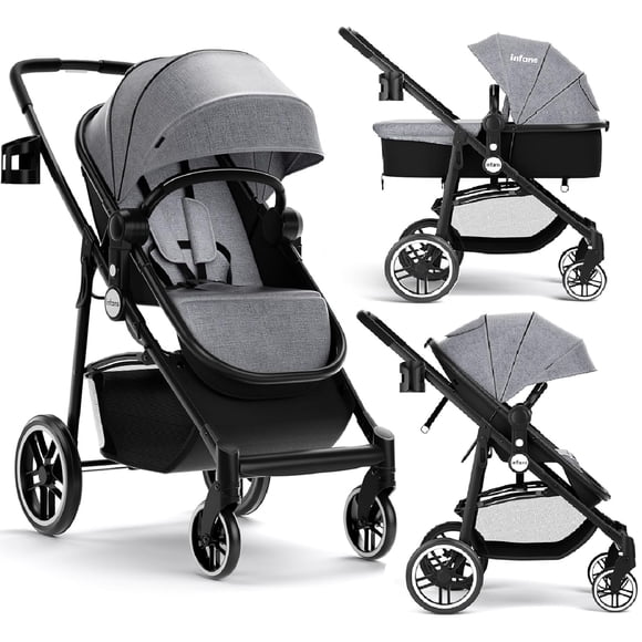 INFANS 2 in 1 Baby Stroller, High Landscape Infant Stroller and Reversible Bassinet Pram, Foldable Pushchair with Adjustable Canopy, Cup Holder, Storage Basket, Suspension Wheels (Gray)