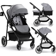 INFANS 2 in 1 Baby Stroller, High Landscape Infant Stroller and Reversible Bassinet Pram, Foldable Pushchair with Adjustable Canopy, Cup Holder, Storage Basket, Suspension Wheels (Gray)