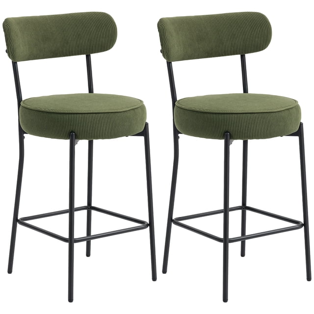 HOMCOM Modern Bar Stools Set of 2, 27-inch counter height seating with green corduroy upholstery and black steel legs. Features include a curved backrest, padded seat, and built-in footrest for comfort. Perfect for modern kitchen islands, breakfast bars, or dining areas.