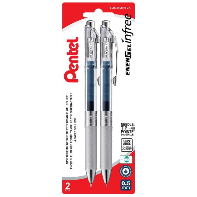 EnerGel Infree Retractable Liquid Gel Pen 0.5mm needle tip in navy blue ink, 2-pack by Pentel, showing two clear barrel gel pens with quick-drying liquid ink, fingerprint grip for control, and refillable design on white and red packaging.
