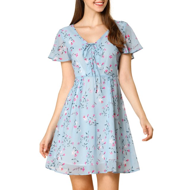INSPIRE CHIC Robe en Mousseline à Lacets à Fleurs pour Femme m Bleu