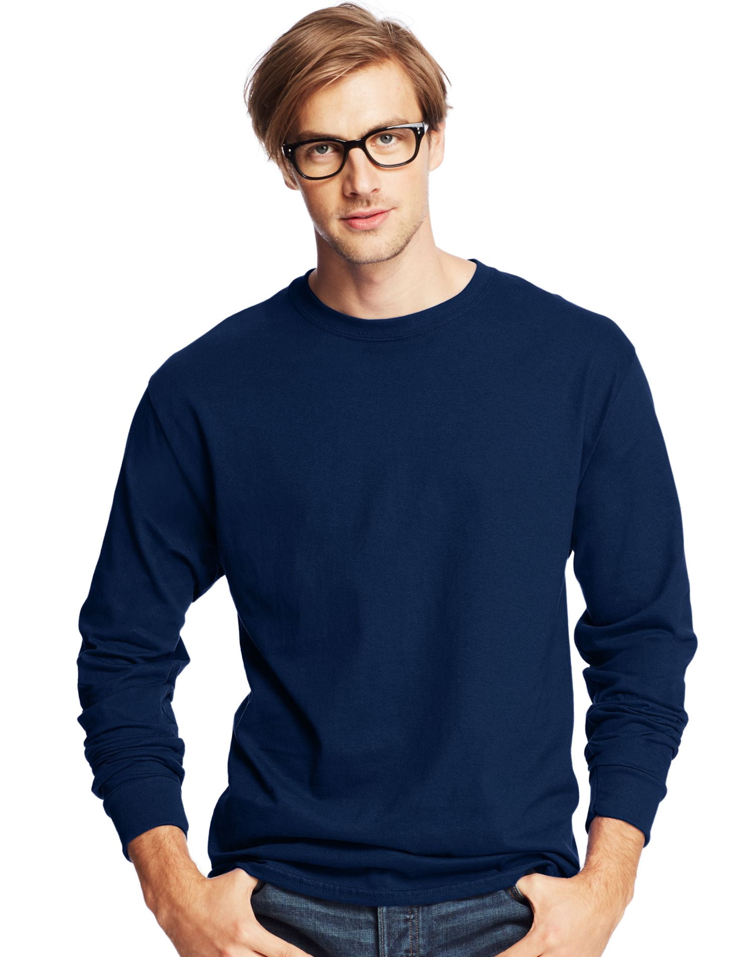 Hanes T-Shirts à Manches Longues à Col Ras du Cou ComfortSoft pour Hommes, Lot de 4, L, Marine
