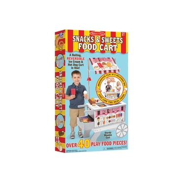 Melissa & Doug Wooden Snacks and Sweets Food Cart - 40+ Play Food pcs, Reversible Awning, Multi Colored