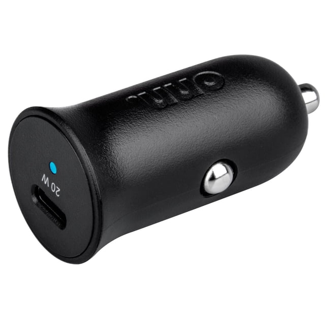 onn. Fast Charge 20 Watt USB-C Car Charger with 20W Power Delivery, black textured cylindrical adapter with USB-C port labeled 20W and blue LED indicator, metal contacts for 12V/24V car sockets, designed for fast charging smartphones and tablets while driving, also suitable for powering USB-C devices in vehicles.