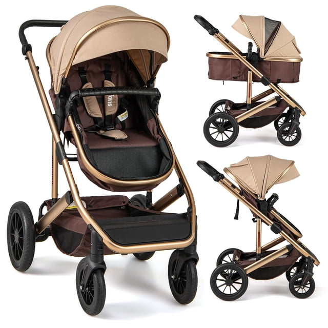 INFANS 2 in 1 Baby Stroller in khaki color, featuring a foldable design with a high landscape bassinet and reversible seat. The stroller includes a 9-level adjustable handlebar, a 5-point safety harness, and a UV-protection canopy. It has shock-absorbing wheels with a one-step brake system and a lightweight aluminum frame. Shown in three configurations: front-facing, parent-facing, and folded for compact storage.