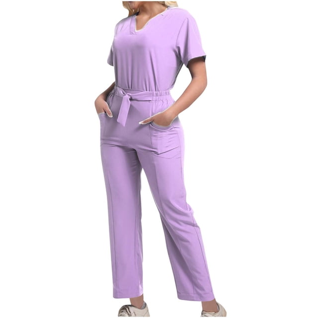 Grrvtrz Womens Scrubs Set Casual Workwear Drawstring Threaded Pant Legs 2PC, V Neck Stretch Scrub Top & Straight Leg Pants