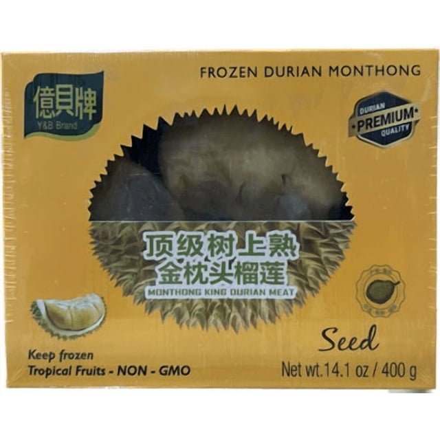 Viande Durian Surgelée avec Graines dans une Boîte Jaune Y&B Brand Présentant un Durian Monthong King à l'Intérieur, Étiquetée fruit tropical non-OGM, Qualité Supérieure, Poids net 14,1 oz (400 g), Souvent Utilisée dans les desserts de Fruits Tropicaux Ou la Cuisine.