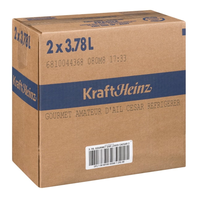 Kraft Garlic Lovers Caesar Dressing, Trans Fat Compliant, packaged in a case containing two 3.78L units. The cardboard box features the Kraft Heinz branding and product details, including storage instructions for refrigeration between 1 to 4°C. Ideal for bulk pantry needs in restaurants or catering.