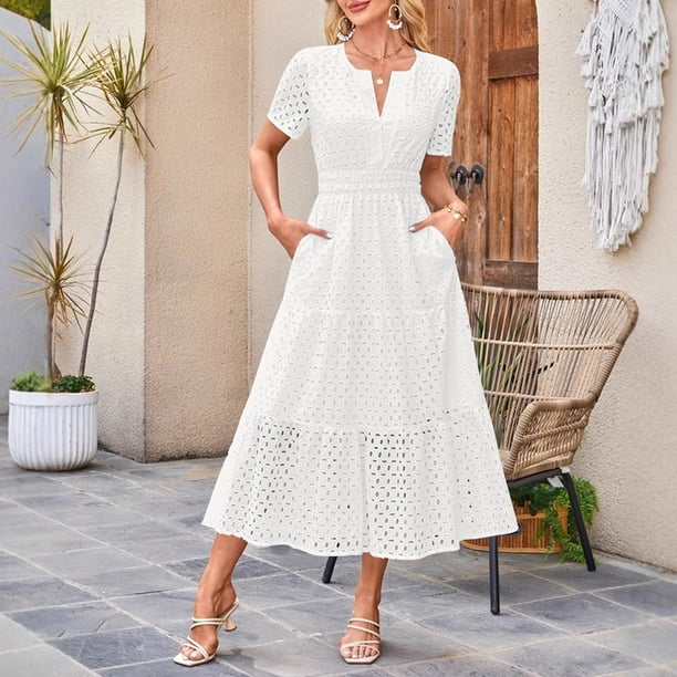 Tumotour Summer Dresses for Women A-Line V-Neck Solid Color Hollow Out Casual Dress with Pockets Tea Length Short Sleeve Midi Dress Swing Flowy Elastic Waist Dresses for Going Out Beach Date Vacation