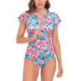 thumbnail image 1 of BIMEI Women One-Piece Rash Guard Zip Front Mastectomy Swimsuit Short Sleeve Pocketed Swimwear Tummy Control Zipper Sport Bathing Surfing Athletic Printed 016,Red,M, 1 of 1