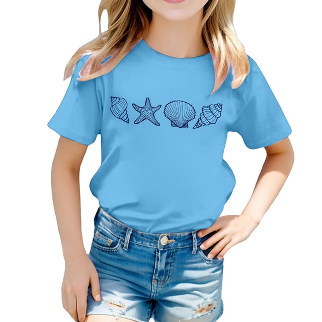 PMVFHDE Hauts Basiques pour Filles Hauts d'Été Tendance Manches Courtes pour Filles T-Shirt Décontracté Imprimé Col Rond Manches Courtes Bleu, 10-11 Ans