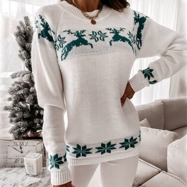 TIMIFIS Chandails de Noël Laids pour Femmes Chandail à Col Rond Rennes Flocons de Neige de Noël Chandail Tricoté Manches Longues Élans Imprimé Floral Chandail Ample Tricot Hiver Automne Vêtements d'Extérieur