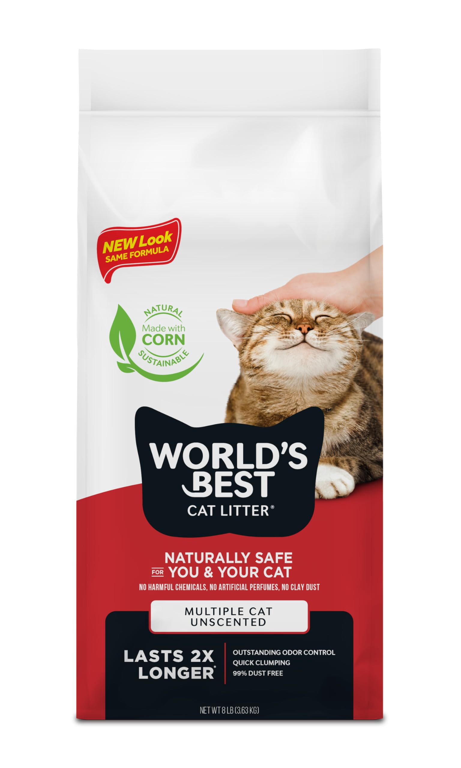 WORLD'S BEST CAT LITTER Multiple Cat Unscented 8-Pounds - Natural Ingredients Quick Clumping Flushable 99% Dust Free & Made in USA - Long-Lasting Odor Control & Easy Scooping