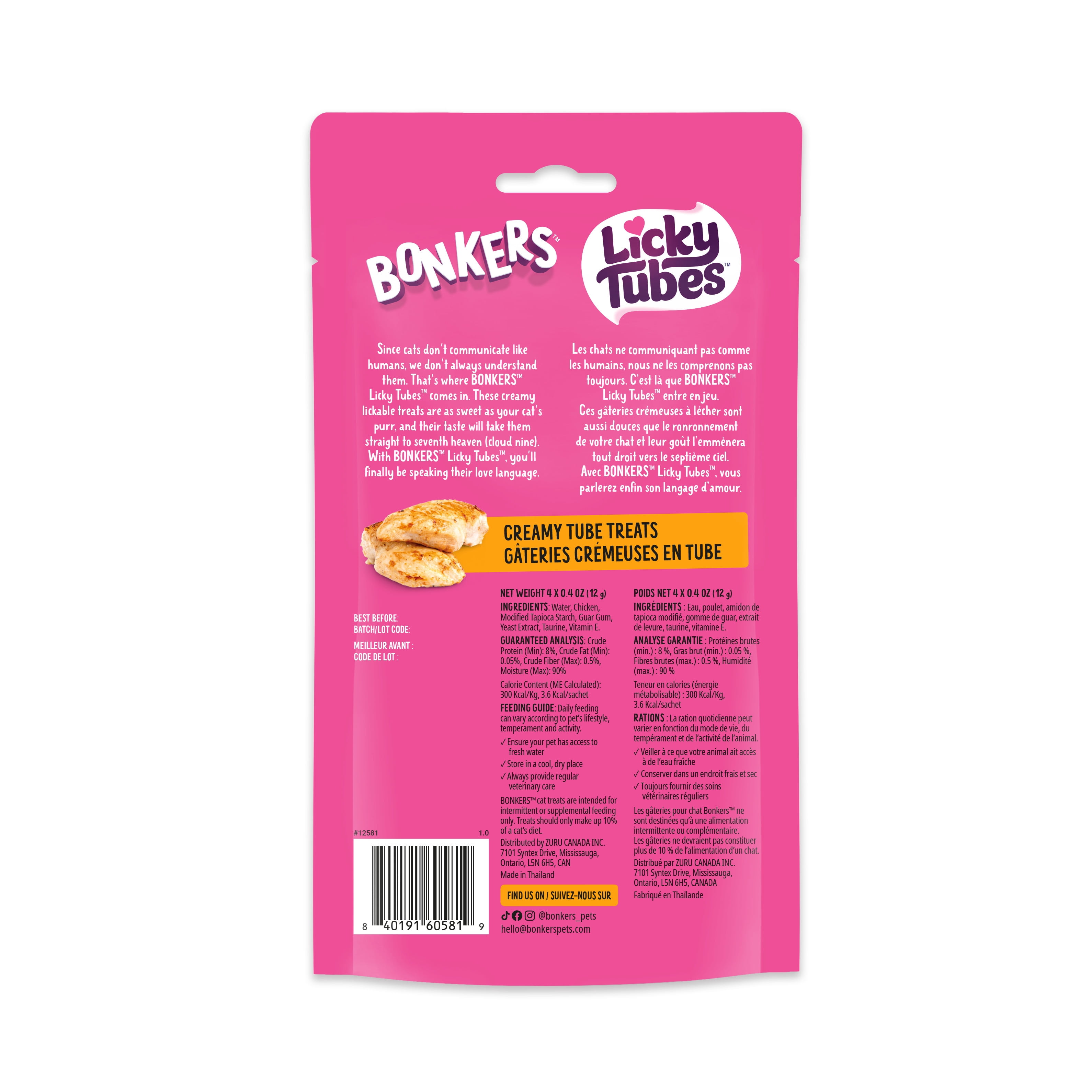 BONKERS Tubes à Lécher Saveur de Poulet Gâteries Humides Léchables pour Chats Lot de 4