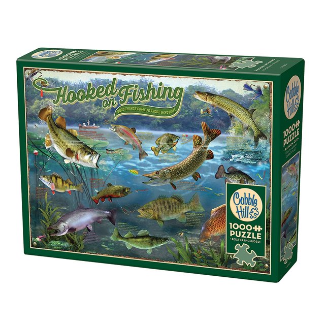 Cobble Hill Casse-Tête - la Pêche à Accrocher, Casse-Tête de 1000 Pcs Présentant une illustration Détaillée d'Espèces de Poissons d'Eau Douce et des techniques d'Appât. la Boîte de Casse-Tête Met en Valeur « la Pêche à Accrocher » avec un Contenu Éducatif sur la Pêche. Comprend des Pièces Découpées au Hasard, une Affiche et des Matériaux Écoresponsables Fabriqués à Partir de Carton Recyclé. Parfait pour les Passionnés de Pêche et les Amateurs de Casse-T