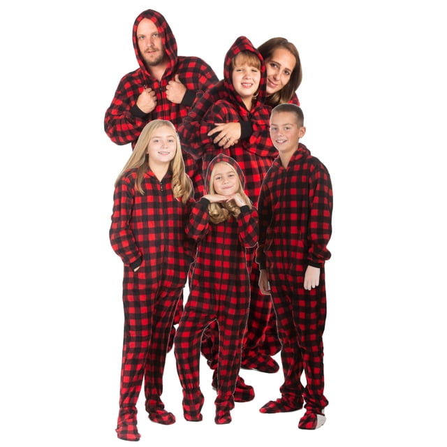 Pyjama Assorti pour la Famille en Molleton à Carreaux Buffalo Rouge et Noir avec Capuchon et Pieds