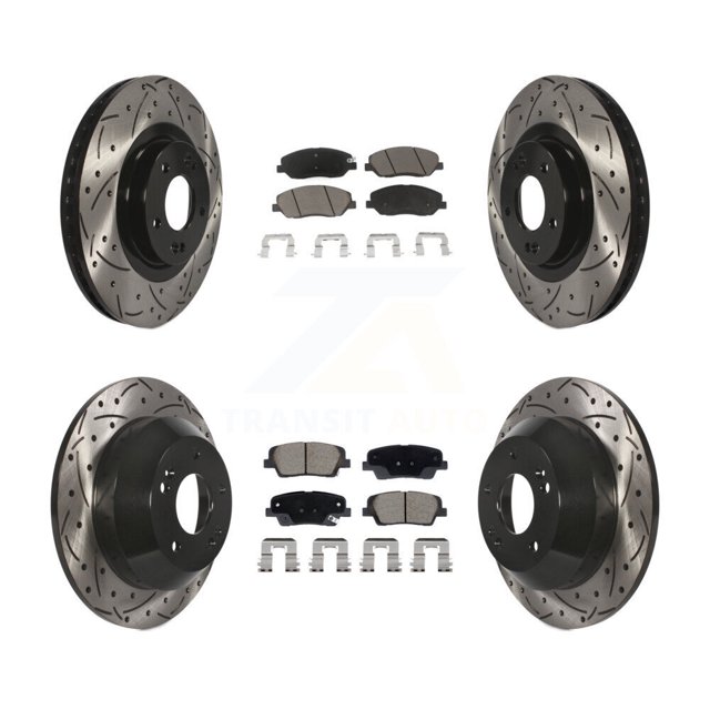 Transit Auto Front Rear Coated Drilled Slotted Disc Brake Rotors and Ceramic Pads Kit for Car 2013-2016 Hyundai Santa Fe XL 3.3L KDC-101063