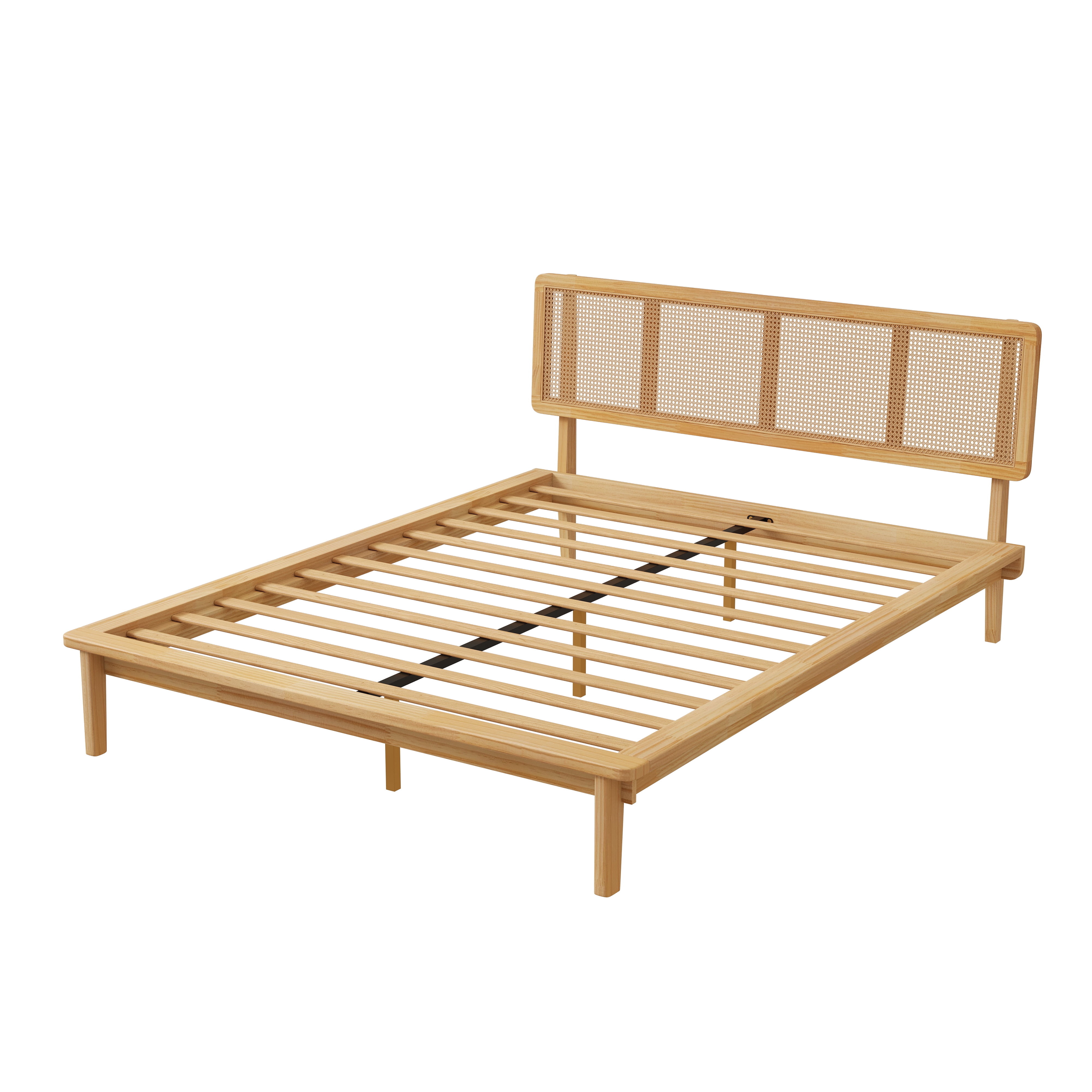 Noble House Modern Rattan Platform Bed,Cane Headboard & Footboard with Natural Woven Panels,Mid-Century Bed Frame,Walnut