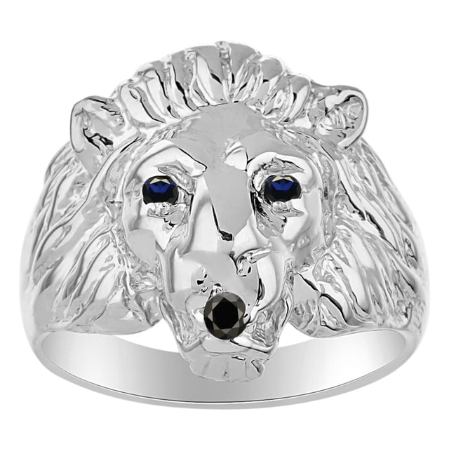 RYLOS Lion Head Ring Black Diamond Mouth & Gemstone Eyes Fun Designer Rings Sapphire Sterling Silver Jewelry Size 13