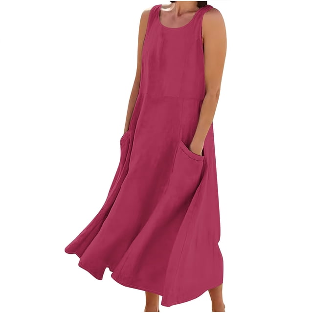 AherBiu Robe Maxi pour Femmes 2024 Été Décontractée Robe d'Été en Lin Sans Manches Ample Robe Débardeur avec Poches