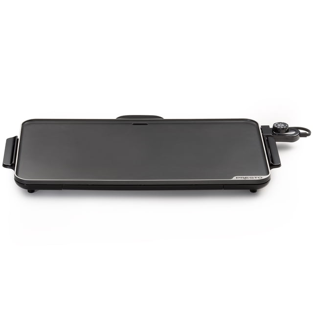 Presto 22" Slimline Griddle with Removable Handles and Ceramic Nonstick Surface. Features a large 22-inch cooking area with a black ceramic nonstick surface for easy cooking and cleaning. Includes a Control Master heat control for precise temperature settings and removable handles for compact storage. Designed with a slide-out drip tray and a warp-resistant aluminum base for durability and even heat distribution.