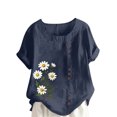 thumbnail image 1 of Pisexur Hauts pour Femmes, Chemisiers pour Femmes Chic Décontracté, Haut en Lin Décontracté pour Femmes à Col Rond Grande Taille Imprimé à Manches Courtes avec Boutons T-shirt Blouse Bleu Marine, 2TG, 1 of 2