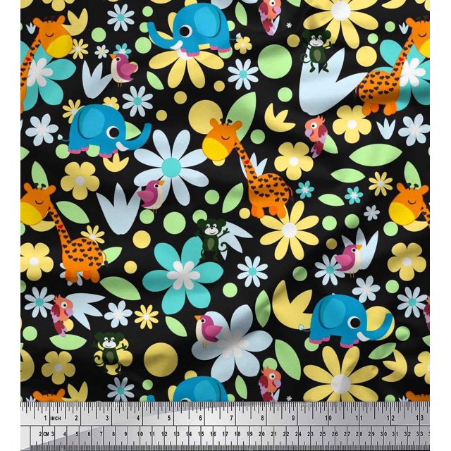 Soimoi Rayon Fabric Floral,Bird & Animal Cartoon Decor Fabric Printed Yard 42 Inch Wide
