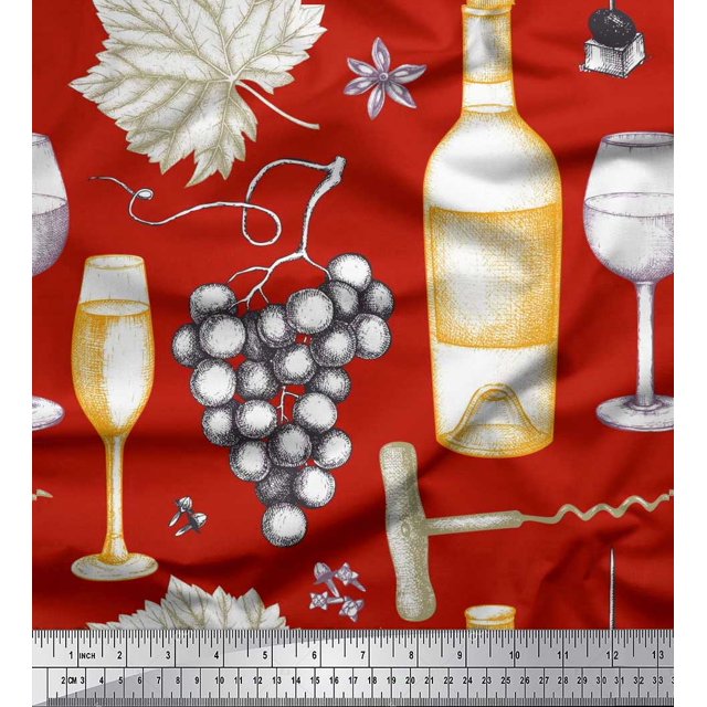 Soimoi Poly Georgette Fabric Grapes,Wine Glass & Bottle Decor Fabric Printed Yard 42 Inch Wide