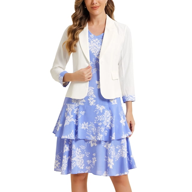 INSPIRE CHIC Robe et Veste pour Femme Ensembles 2 Pcs Robe Sans Manches en Mousseline à Fleurs et Veste à Panneaux Contrastants m Blanc Bleu