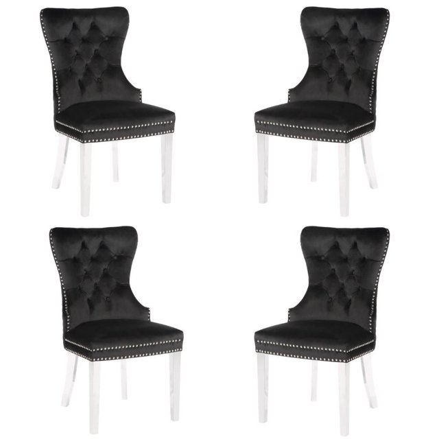 Chaise de Salle à Manger à Dossier Ailé Noire, Ensemble de 4, Comprenant Quatre Chaises de Salle à Manger Modernes avec Revêtement en Velours Noir, design à Dossier Ailé Capitonné en Losanges, Garniture de Clous Décoratifs, Cadre en Bois et Pattes en Acier Inoxydable Poli, Idéal pour les Sièges de Cuisine et de Salle à Manger et Souvent Utilisé comme Chaises d'Appoint Stylées.