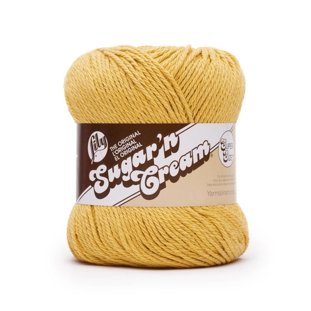 Lily Sugar'n Cream® Super Size Yarn, Cotton #4 Medium, 4oz/113g, 200 Yards in soft yellow, a tightly wound ball of 100% USA-grown cotton yarn with a brown and beige label showing the brand and product name, ideal for knitting and crochet home and kitchen decor projects like dishcloths and potholders.