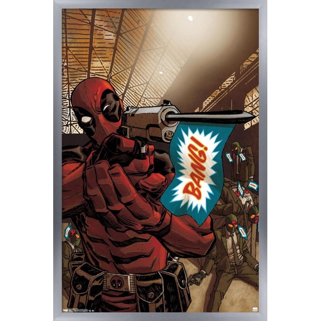 Marvel Comics - Deadpool - Affiche Murale « Bang », 22,375 Po x 34 Po Représentant Deadpool en Complet Rouge et Noir Visant un revolver Argenté avec un Drapeau Bleu Lisant « Bang! » en Lettres Rouges, avec des Hommes Masqués en Complet Tenant des Drapeaux Similaires dans un Entrepôt Industriel Sombre, Convient à une Décoration Murale Audacieuse à Thème Bande Dessinée pour la Maison Ou le Bureau.