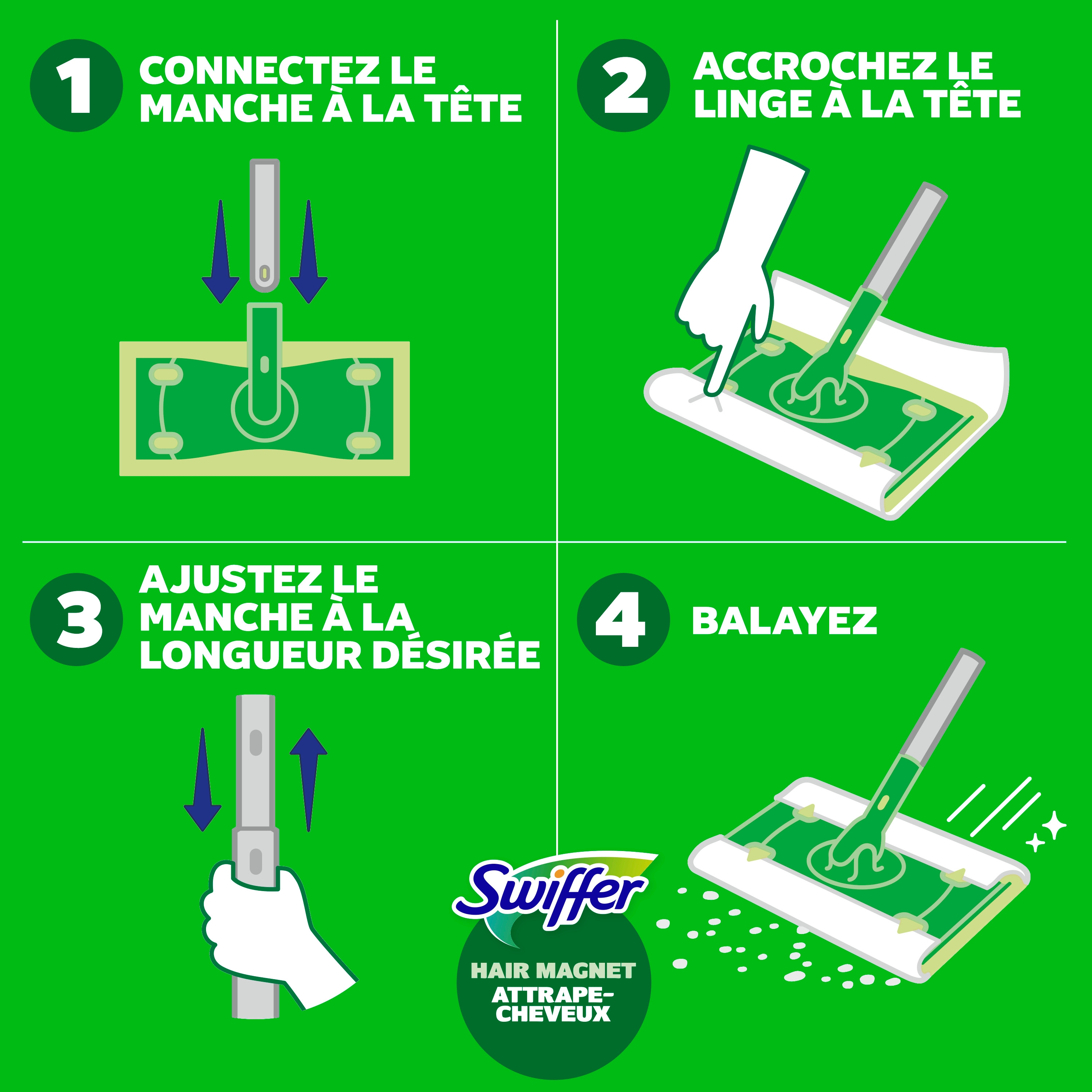 Swiffer Hair Magnet Pro Starter Kit with Collapsible Pole, 6 Hair Magnet Dry Cloths, 2 Bonus Mop & Go Wet Cloths