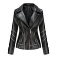 thumbnail image 2 of Qertyioot Womens Leather Jacket New Slim Stand-Up Collar Zipper Stitching Solid Color, 2 of 7