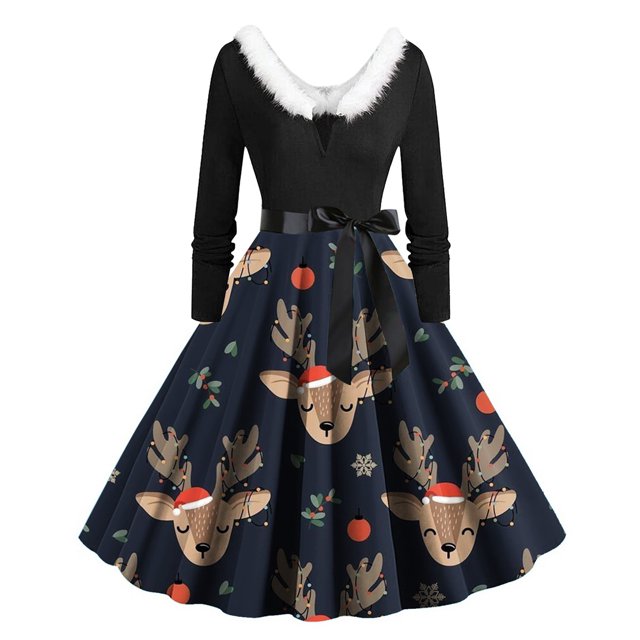 EGNMCR Robes pour Femmes de Noël Imprimées Patchwork Col en V Taille Haute Manches Longues Robe Vintage avec Ceinture Robe de Fête Cadeaux de Noël