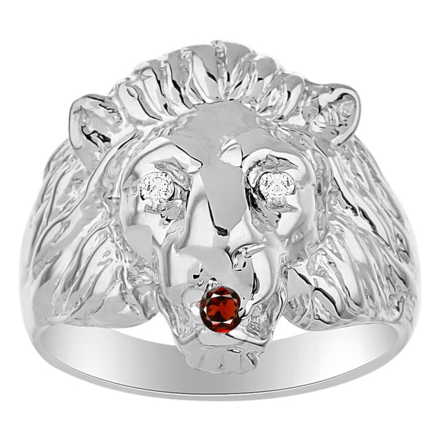 RYLOS Rings Sterling Silver Lion Head Ring Diamonds in Eyes & Gemstone Mouth Fun Designer Rings Garnet Jewelry Size 8